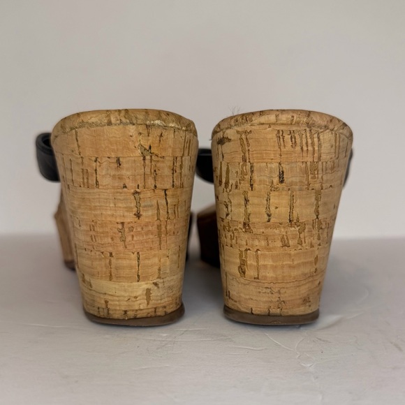 Tory Burch Thora Cork Wedge Thong Sandals Black Leather Logo Size 9 - Picture 6 of 9